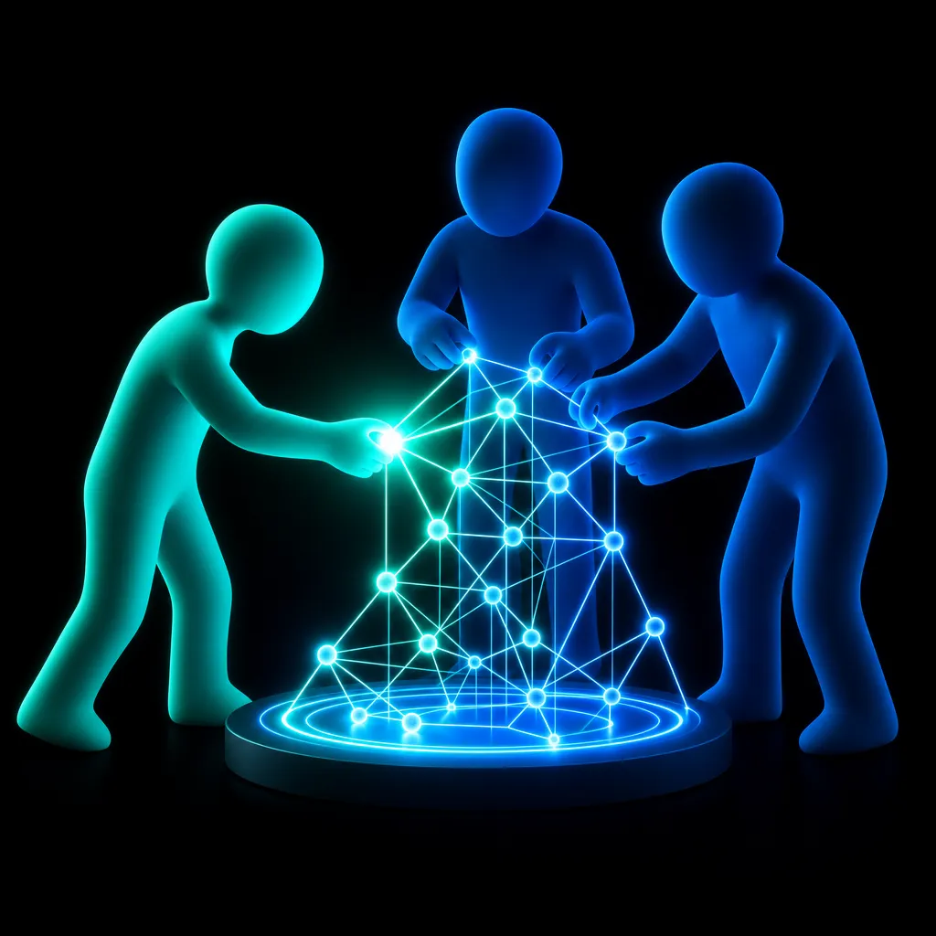 Three figures around a glowing lattice: one joining the two already building it, connecting into their structure
