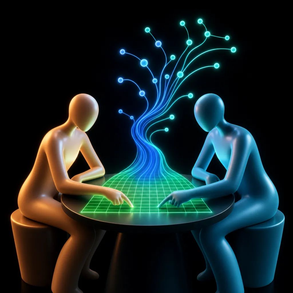 Two people leaning in over a glowing spreadsheet grid on a table, the connections of a real system rising out of it