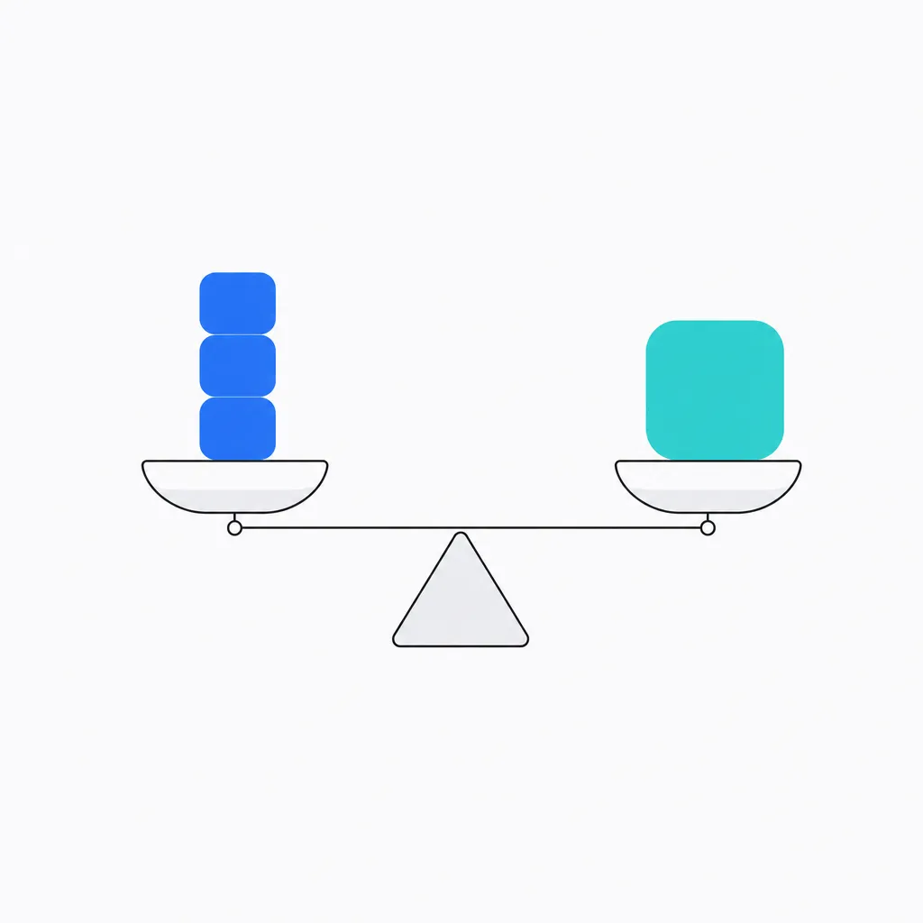 A balanced beam with a stack of small blue tokens level against one larger turquoise token