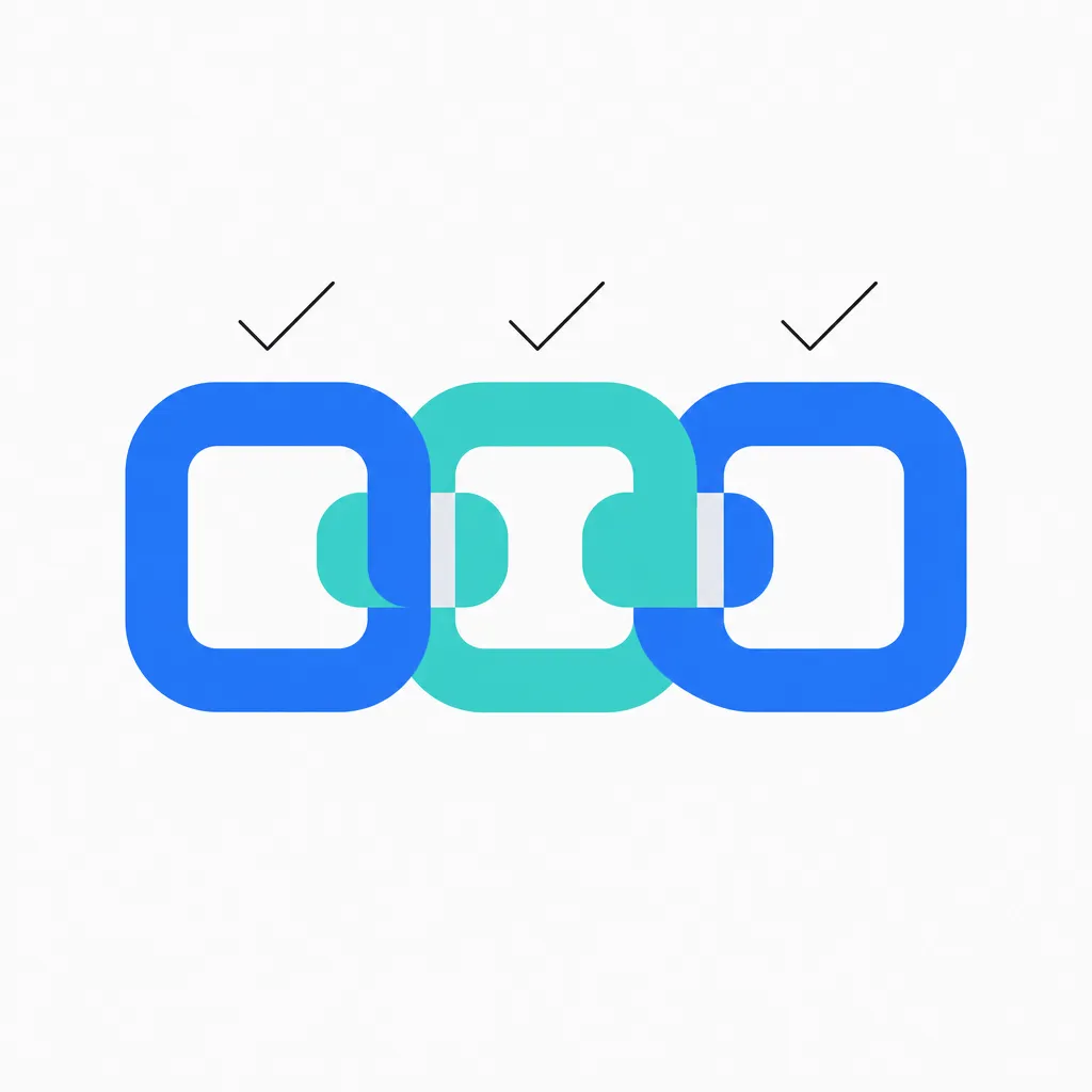 Three chain links meshed in a row like a well-run production line, checks passing above each